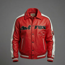 Load image into Gallery viewer, Men’s Classic Leather Moto Jacket – Orange &amp; Cream Contrast Panel Design

