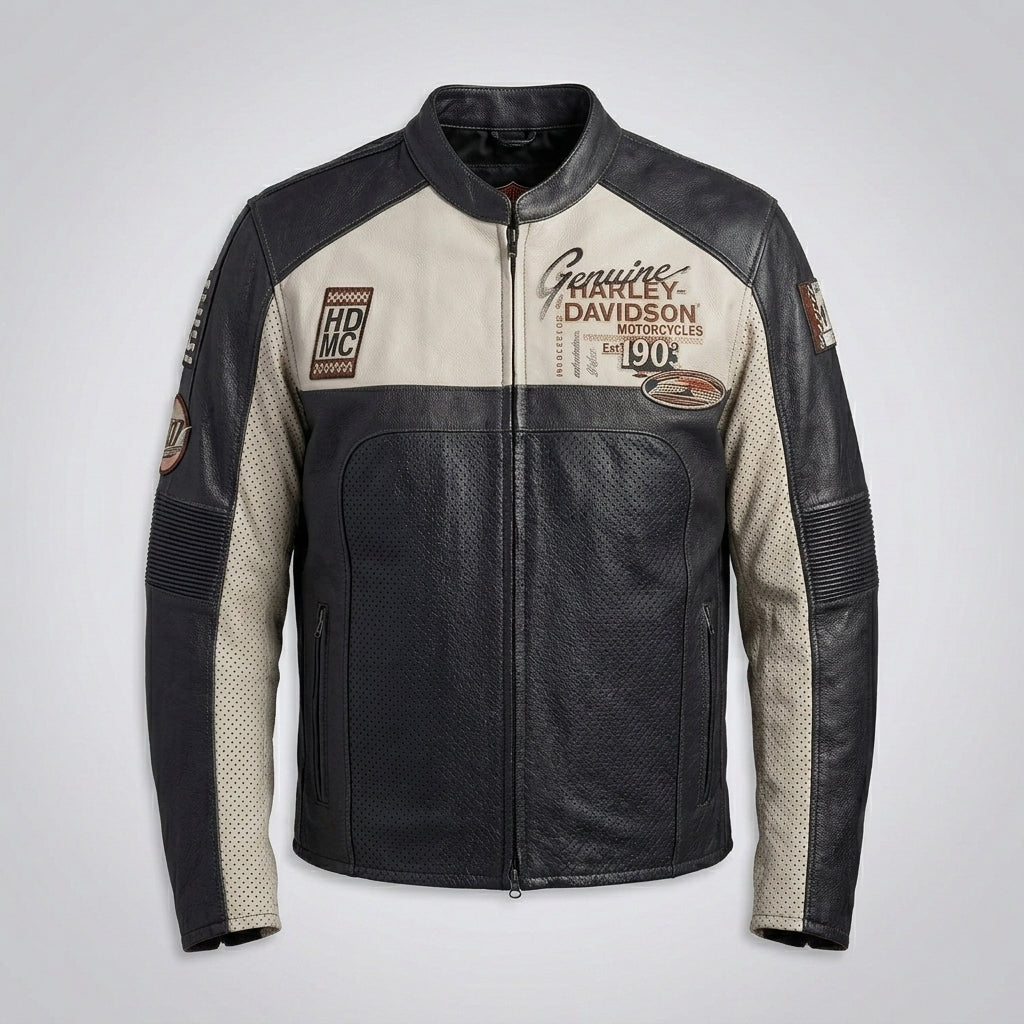 Herren Harley-Stil Echtlederjacke – Sternbestickte Schulter Moto