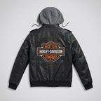 Men’s Black Hooded Cowhide Leather Biker Jacket – Harley-Style Moto