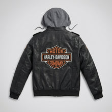 Load image into Gallery viewer, Men’s Black Hooded Cowhide Leather Biker Jacket – Harley-Style Moto
