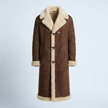 Load image into Gallery viewer, Kolby Brown Suede Shearling Long Coat – Premium Winter Overcoat
