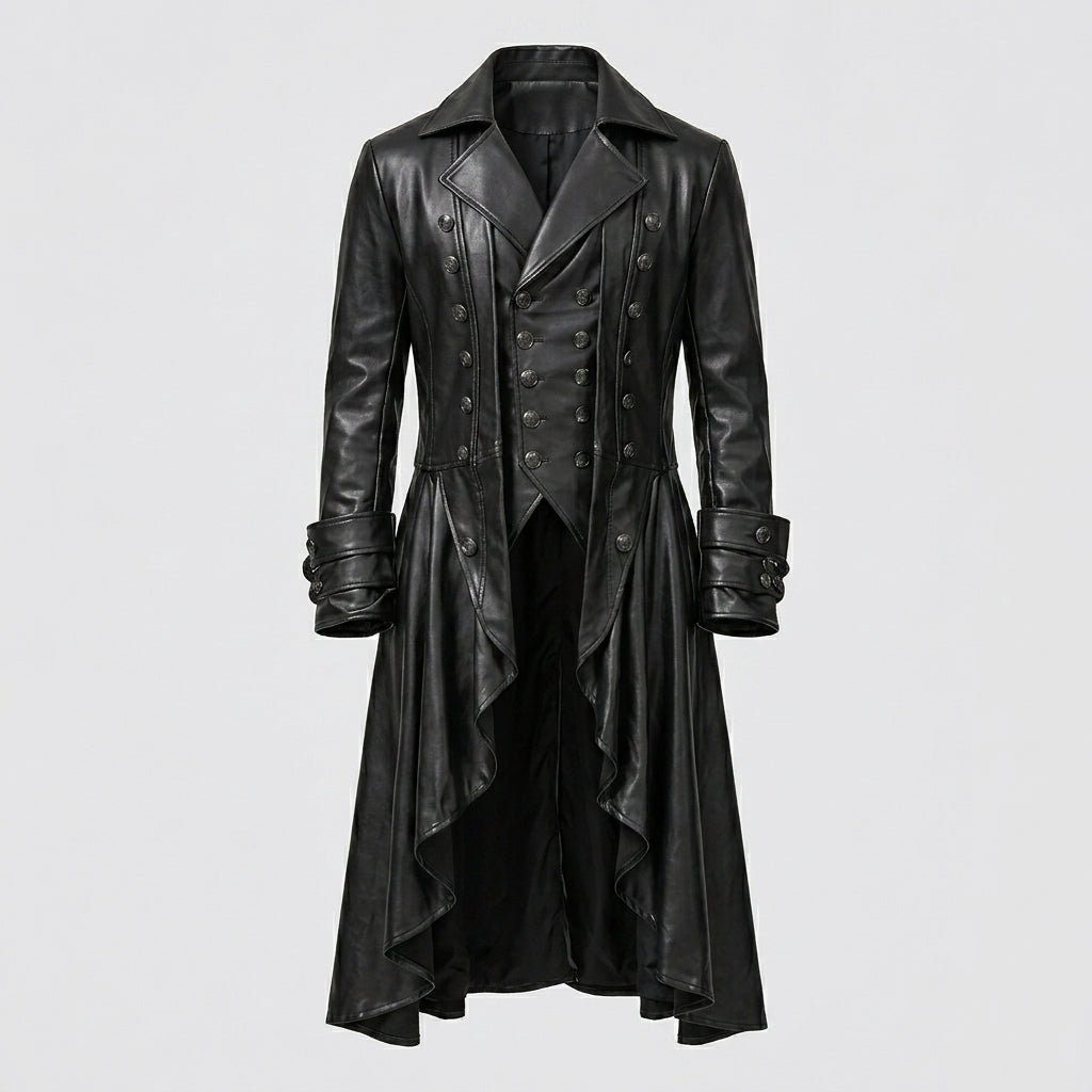 Herren schwarzer Steampunk Gothic Ledersmoking – Viktorianischer langer Mantel