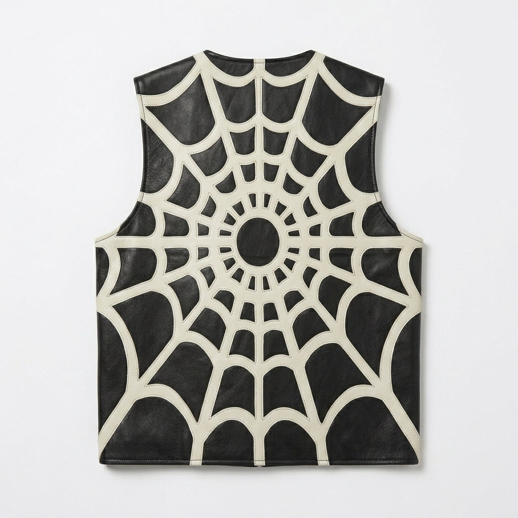 Black Spider Web Leather Vest – Streetwear Biker Edition