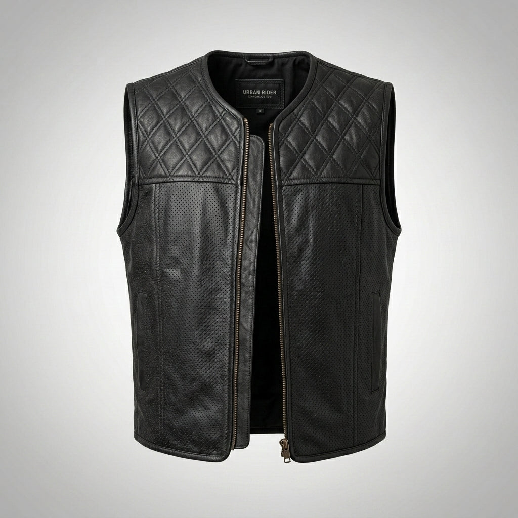 Urban Rider Perforated Leather Motorcycle Vest – Breathable Street Moto