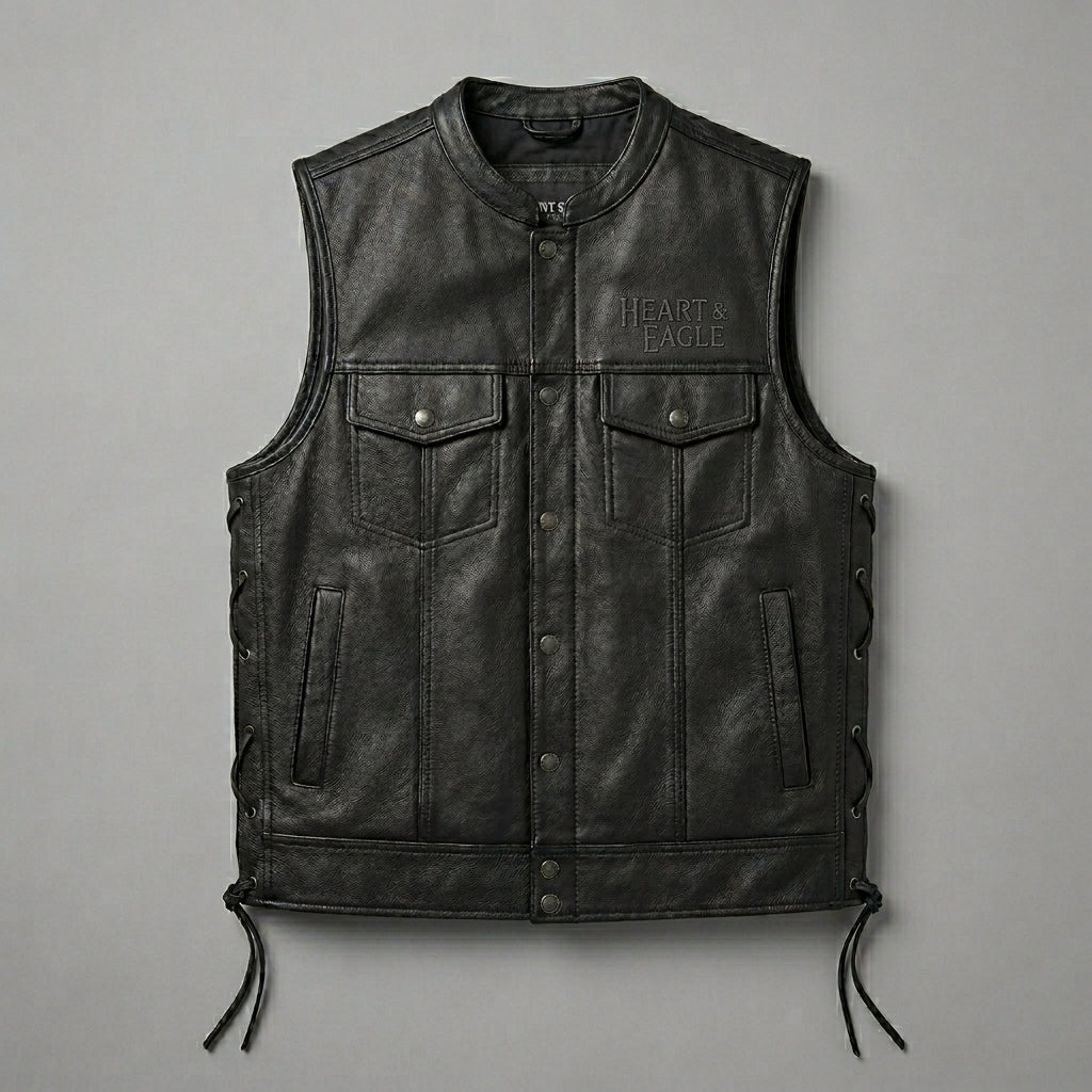 Classic Black Leather Motorcycle Vest – Snap Button & Side Lace Fit