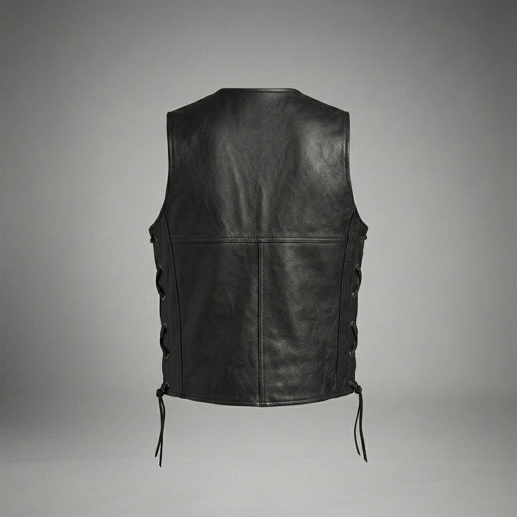 Classic Black Leather Motorcycle Vest – Snap Button & Side Lace Fit