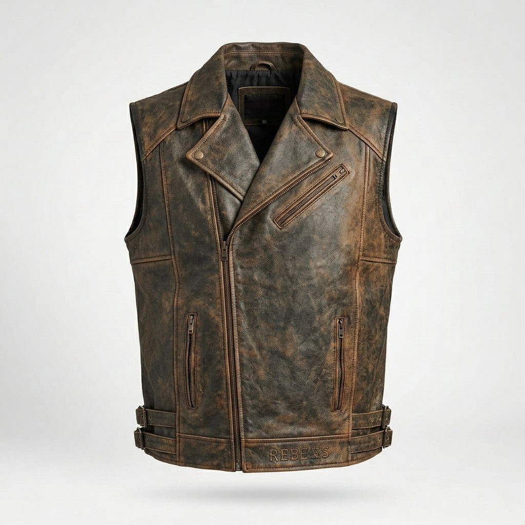 Distressed Leather Biker Vest for Men – Classic Harley Style