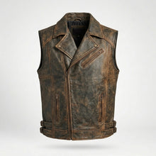 Load image into Gallery viewer, Distressed Leather Biker Vest for Men – Classic Harley Style
