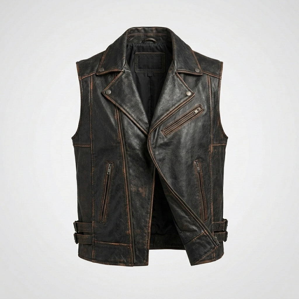 Vintage Cowhide Leather Motorcycle Vest for Men – Classic Biker Style