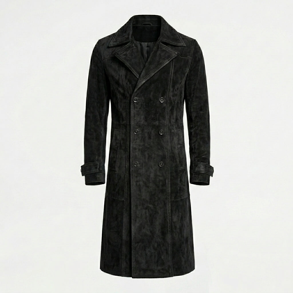Men’s Black Suede Double-Breasted Trench Coat – Classic Long Overcoat