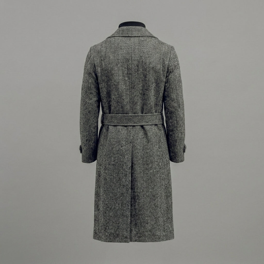 Men’s Manteco Herringbone Double Breasted Long Coat – Dark Gray Classic Fit