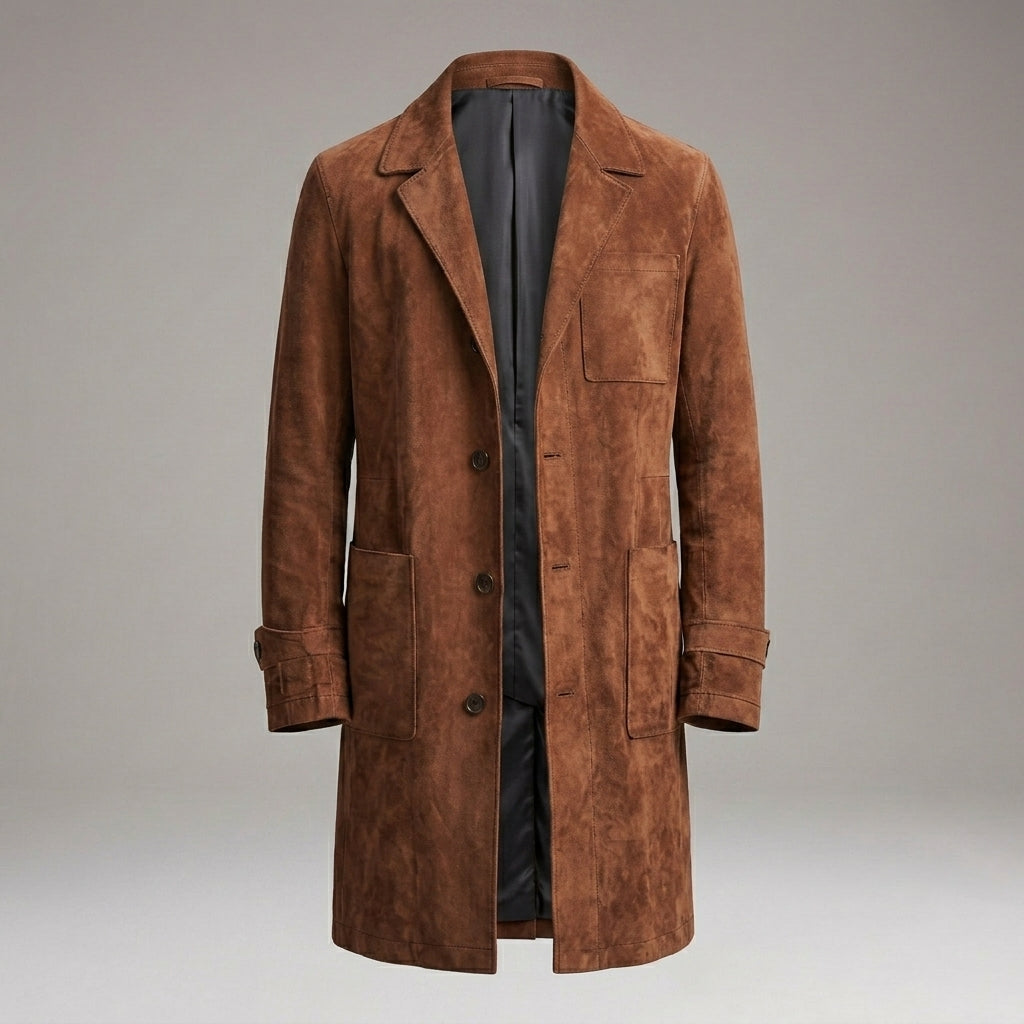 Men’s Vintage Brown Suede Trench Coat – Classic Button-Up Long Overcoat
