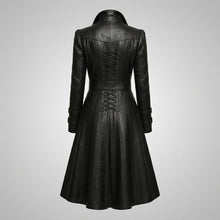 Laden Sie das Bild in den Galerie-Viewer, Damen Schwarzer Gothic Viktorianischer Leder-Trenchcoat – Eleganter Langer Statement-Mantel
