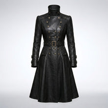 Laden Sie das Bild in den Galerie-Viewer, Damen Schwarzer Gothic Viktorianischer Leder-Trenchcoat – Eleganter Langer Statement-Mantel
