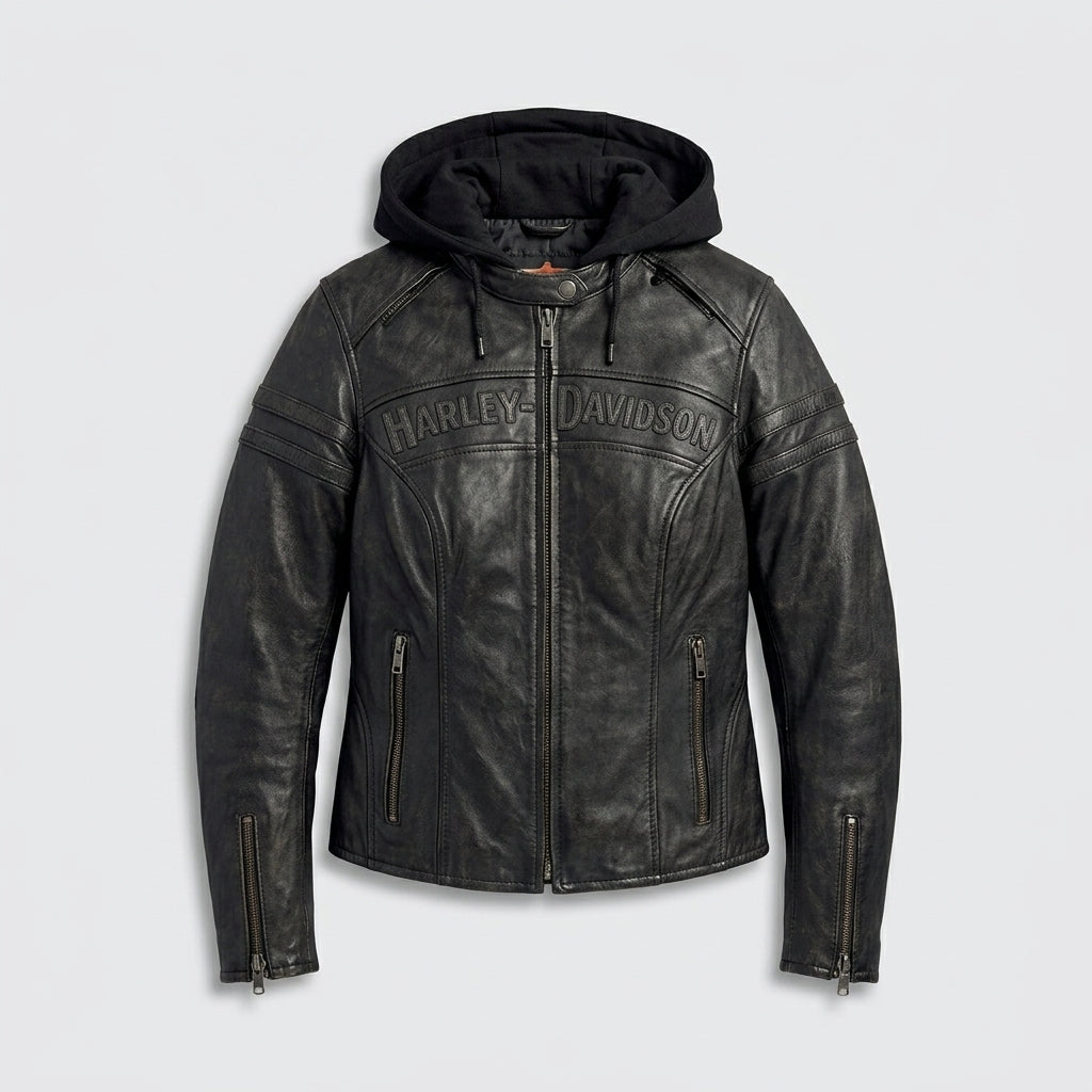 Motorradjacke für Damen im Harley-Stil mit Scroll Skull 3-in-1 aus Leder