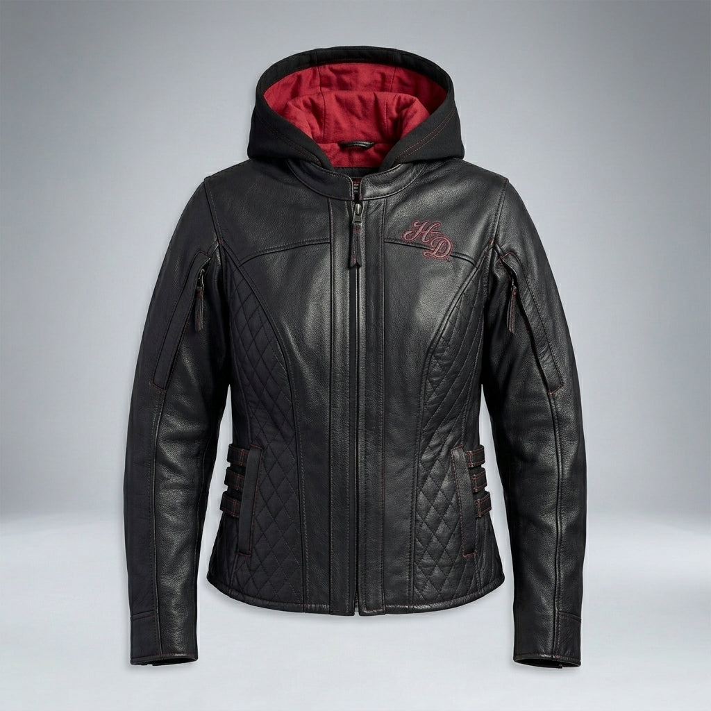 Motorradjacke aus Leder für Damen mit gerollten Totenköpfen – Harley Style Edition