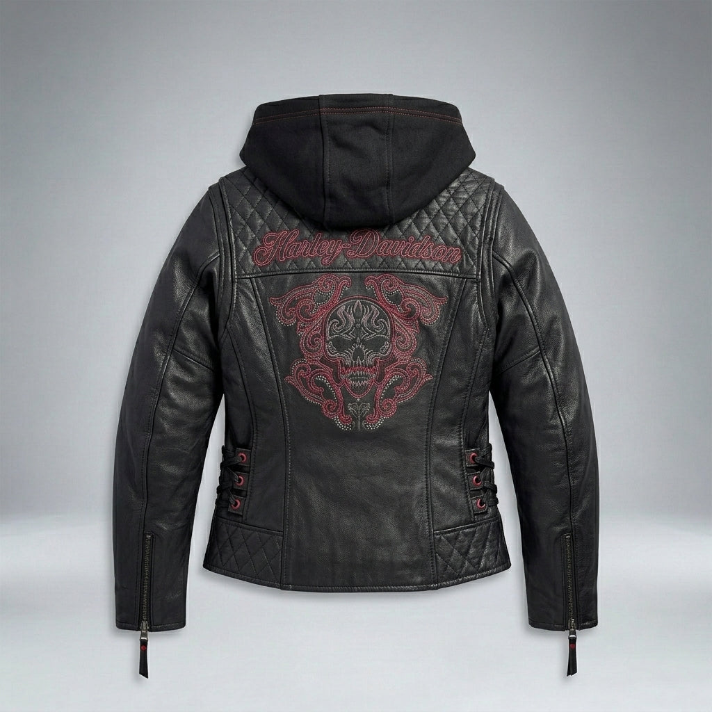 Motorradjacke aus Leder für Damen mit gerollten Totenköpfen – Harley Style Edition