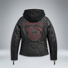Load image into Gallery viewer, Women’s Scroll Skull Leather Motorcycle Jacket – Harley Style Edition
