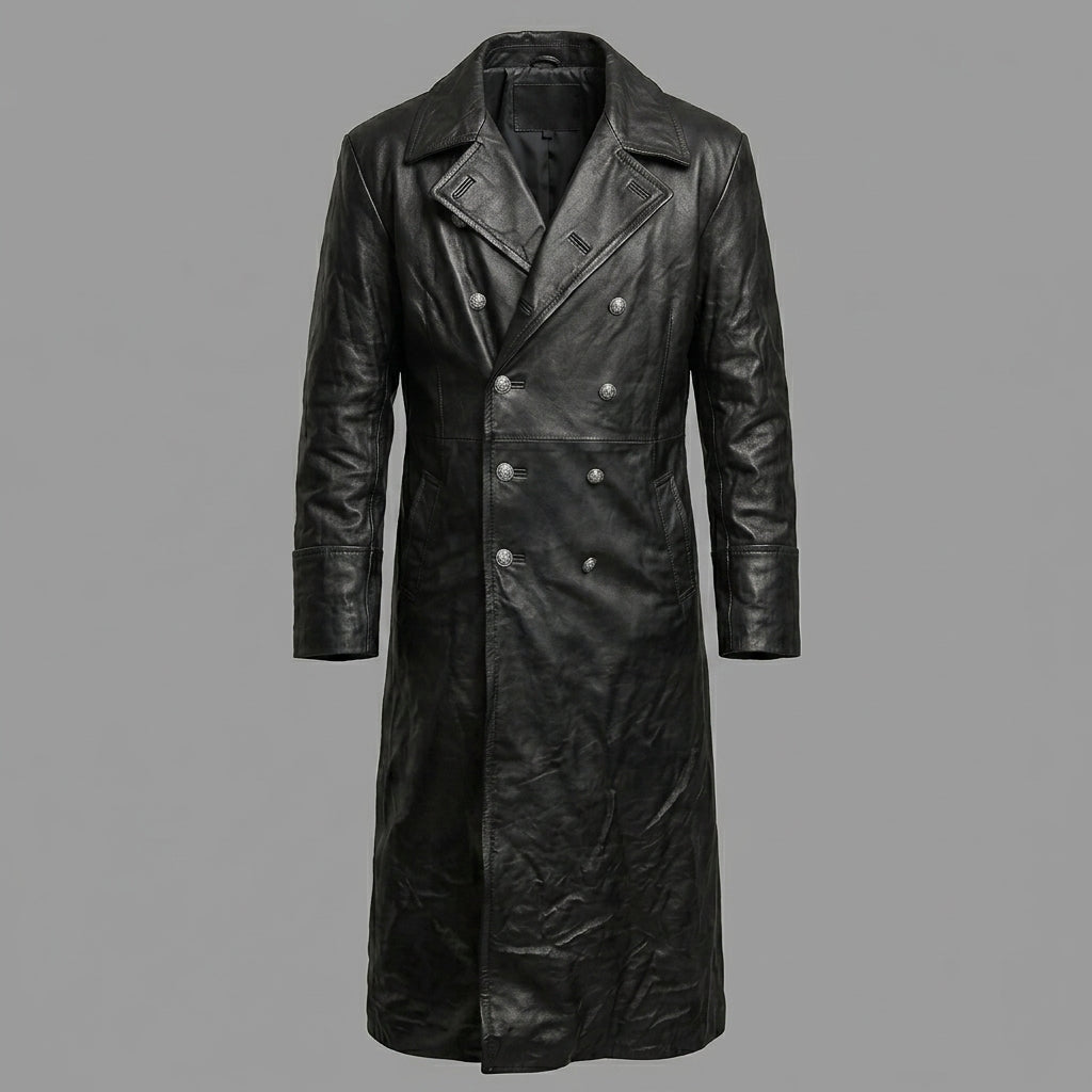 Men’s German Officer Style Black Leather Trench Coat – Military Inspired Long Coat