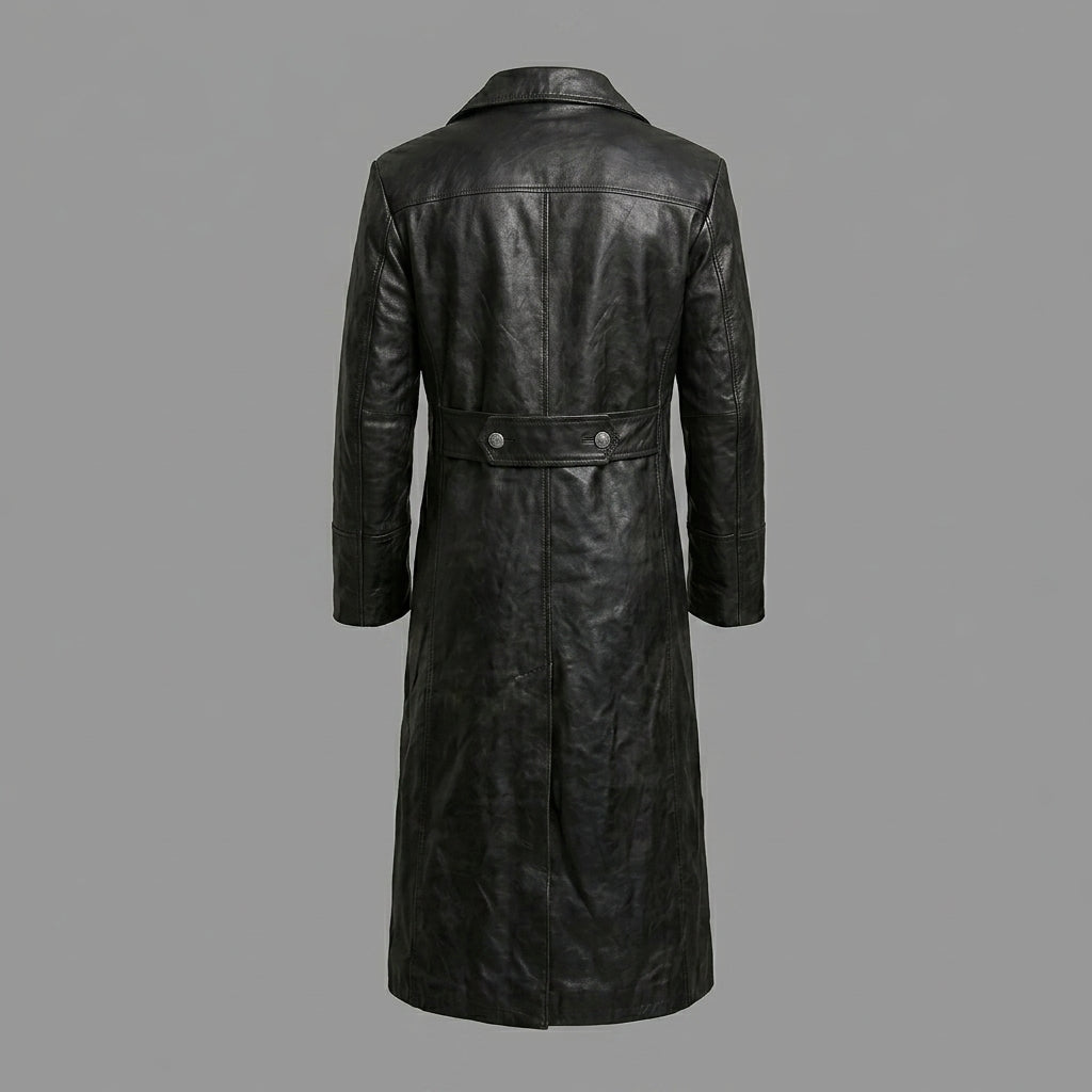 Men’s German Officer Style Black Leather Trench Coat – Military Inspired Long Coat