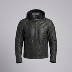 Herren schwarze Kapuzen-Leder-Bikerjacke – Urbaner Motorrad-Stil