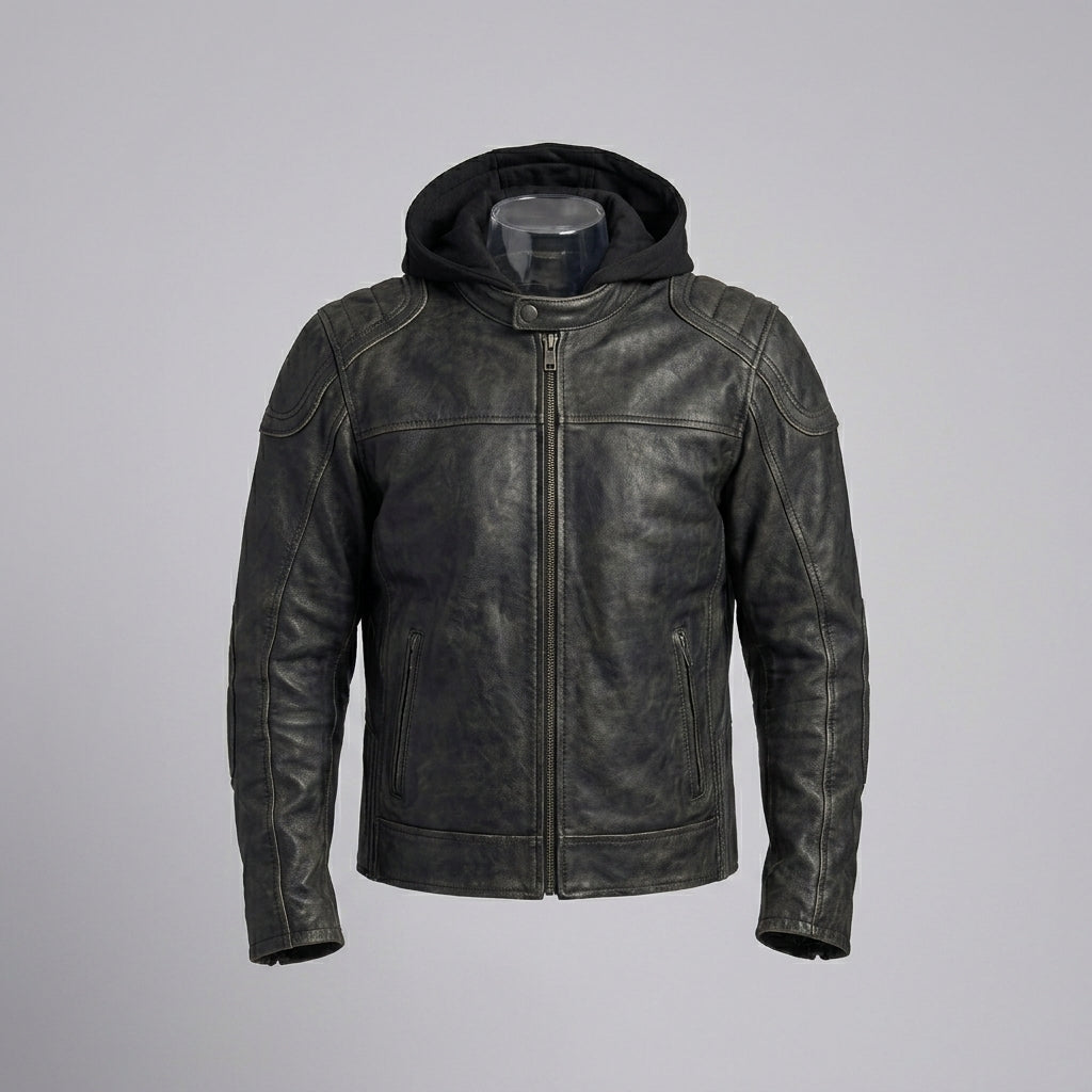 Herren schwarze Kapuzen-Leder-Bikerjacke – Urbaner Motorrad-Stil
