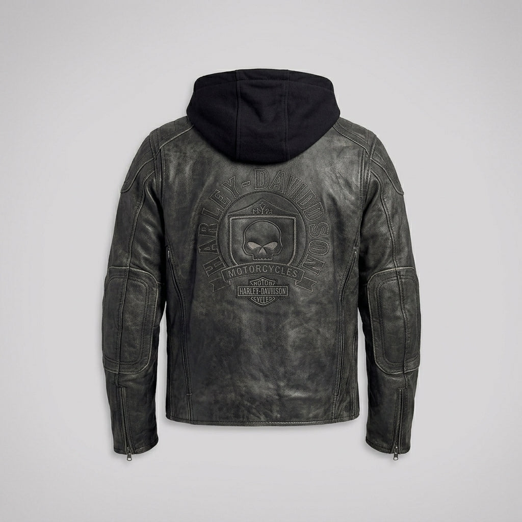 Herren schwarze Kapuzen-Leder-Bikerjacke – Urbaner Motorrad-Stil