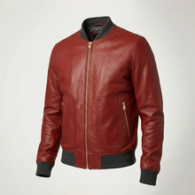 Laden Sie das Bild in den Galerie-Viewer, Men’s Red Lambskin Leather Bomber Jacket – Premium Fashion Casual Coat
