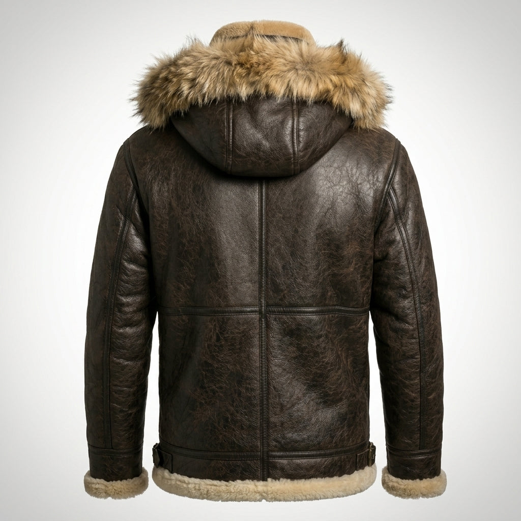 Men’s B-3 Hooded Sheepskin Bomber Leather Jacket – Premium Shearling Flight Coat
