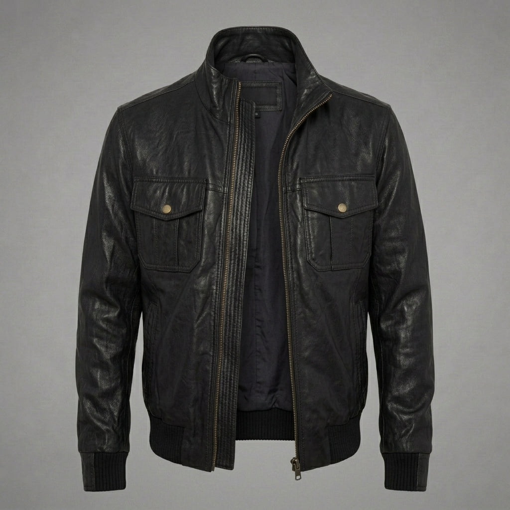 Men’s Black Leather Bomber Jacket – Simple Slim Fit Classic Casual Coat