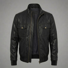Laden Sie das Bild in den Galerie-Viewer, Men’s Black Leather Bomber Jacket – Simple Slim Fit Classic Casual Coat
