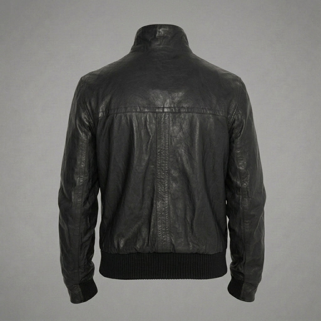 Men’s Black Leather Bomber Jacket – Simple Slim Fit Classic Casual Coat