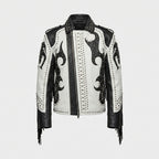 Men’s Black & White Studded Cowboy Leather Jacket – Western Biker Coat