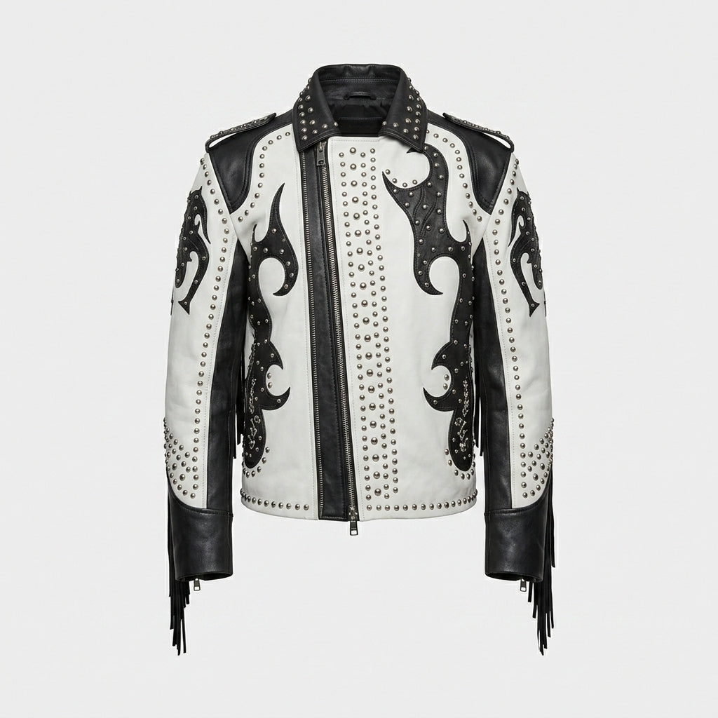 Men’s Black & White Studded Cowboy Leather Jacket – Western Biker Coat