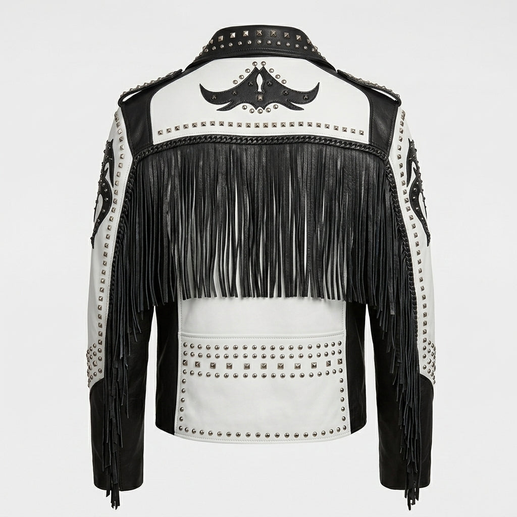 Men’s Black & White Studded Cowboy Leather Jacket – Western Biker Coat