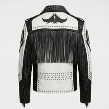 Laden Sie das Bild in den Galerie-Viewer, Men’s Black &amp; White Studded Cowboy Leather Jacket – Western Biker Coat
