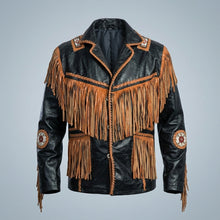 Load image into Gallery viewer, Men’s Cowboy Cowhide Leather Jacket – Fringe &amp; Beaded Western Coat
