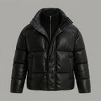 Men’s Black Faux Leather Puffer Jacket – High Neck Winter Coat