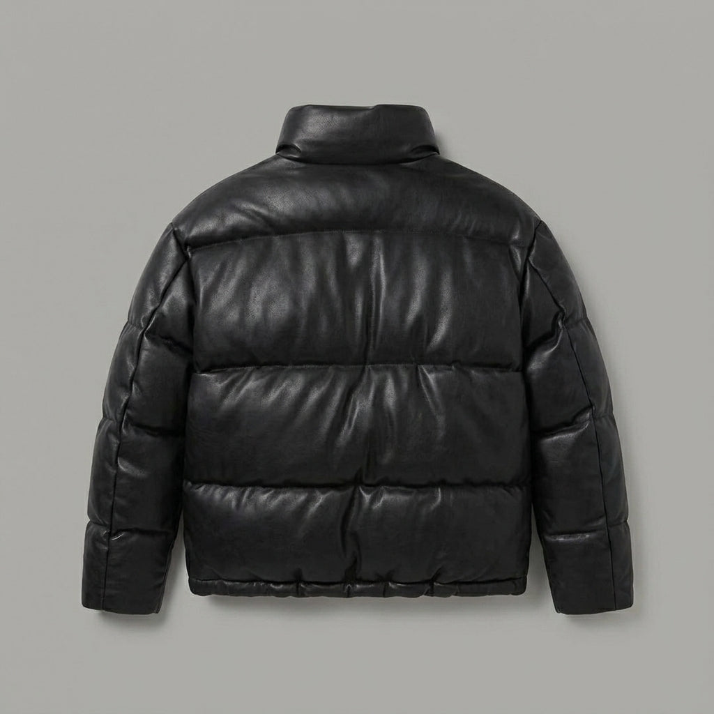 Men’s Black Faux Leather Puffer Jacket – High Neck Winter Coat
