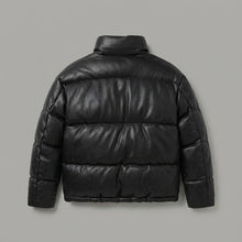 Load image into Gallery viewer, Men’s Black Faux Leather Puffer Jacket – High Neck Winter Coat
