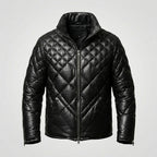 Men’s Black Lambskin Leather Puffer Jacket – Down Insulated Winter Coat