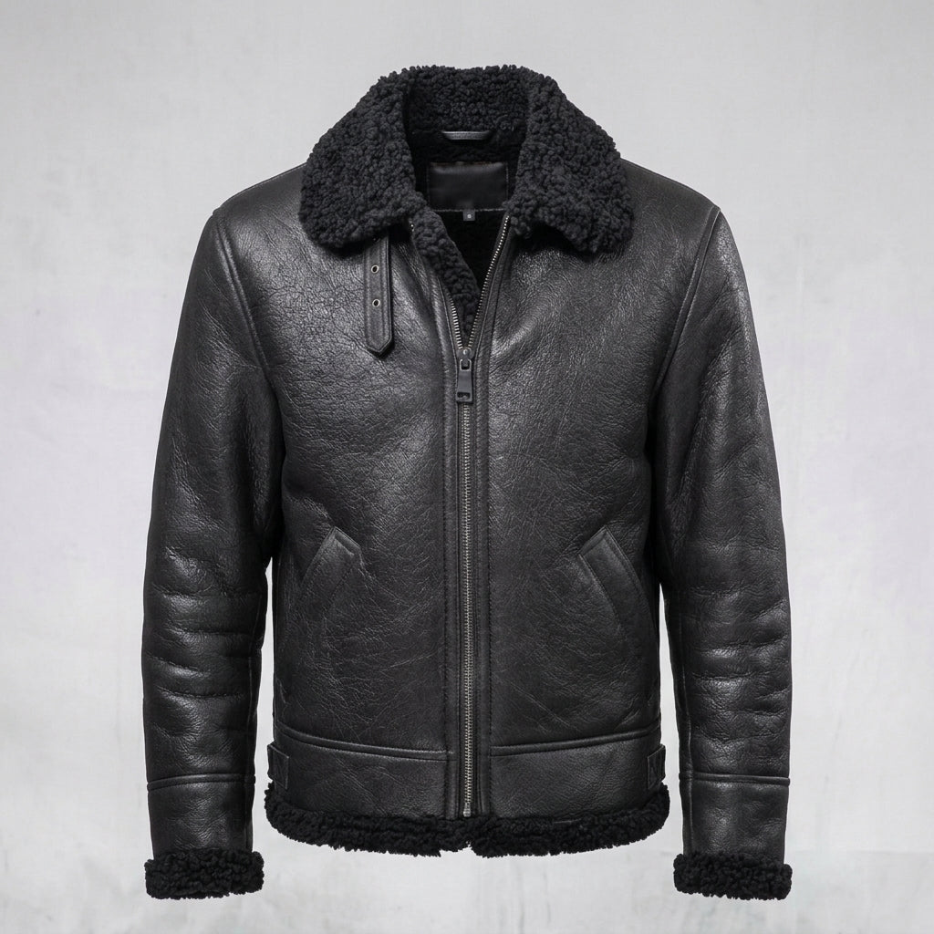 Men’s Black Aviator B3 Shearling Leather Jacket – Premium Flight Bomber Coat