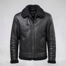 Laden Sie das Bild in den Galerie-Viewer, Men’s Black Aviator B3 Shearling Leather Jacket – Premium Flight Bomber Coat
