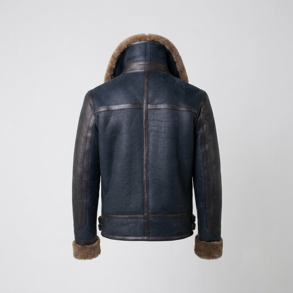 Men’s Blue Sheepskin Shearling Leather Jacket – Premium Winter Aviator Coat