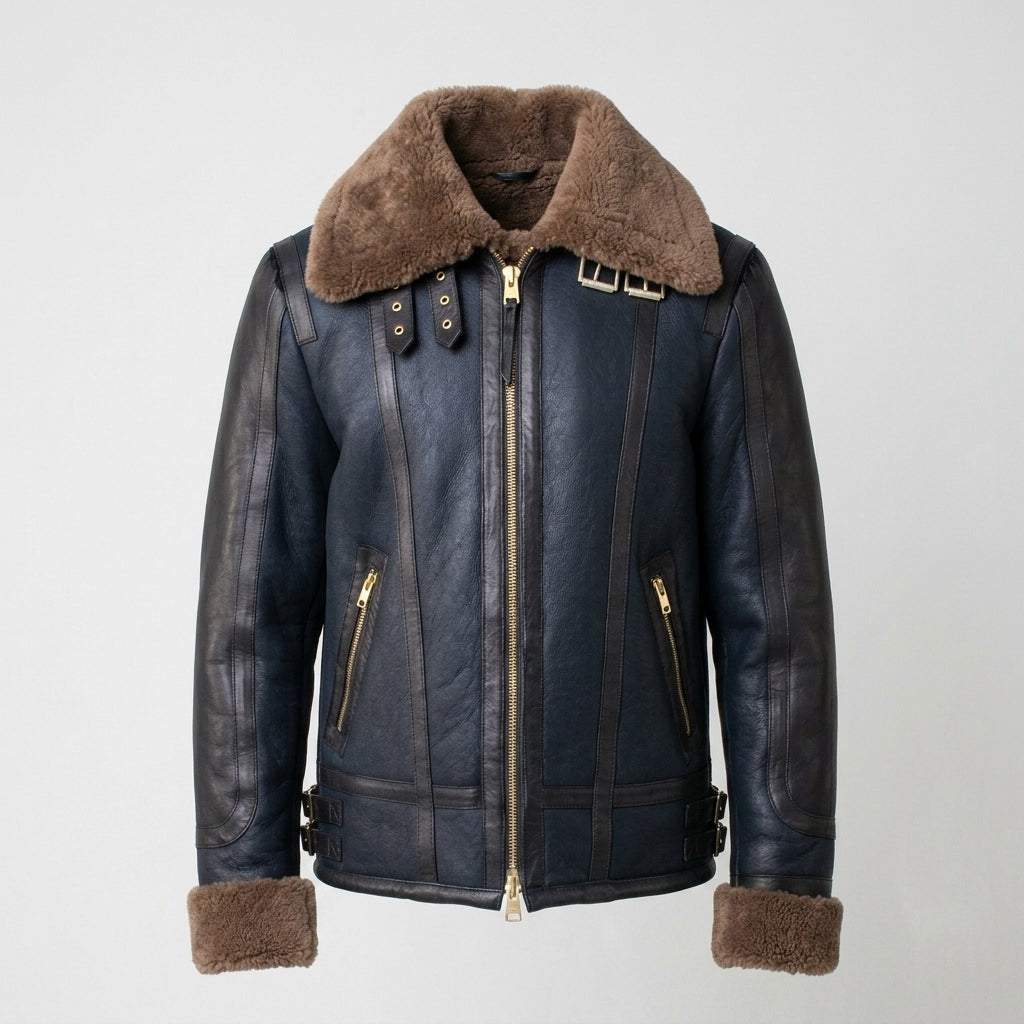 Men’s Blue Sheepskin Shearling Leather Jacket – Premium Winter Aviator Coat