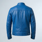 Men’s Blue Trucker Style Cafe Racer Leather Jacket – Motorcycle Biker Jacket