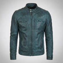 Load image into Gallery viewer, Men’s Distressed Cafe Racer Leather Jacket – Vintage Biker Motorcycle Jacket

