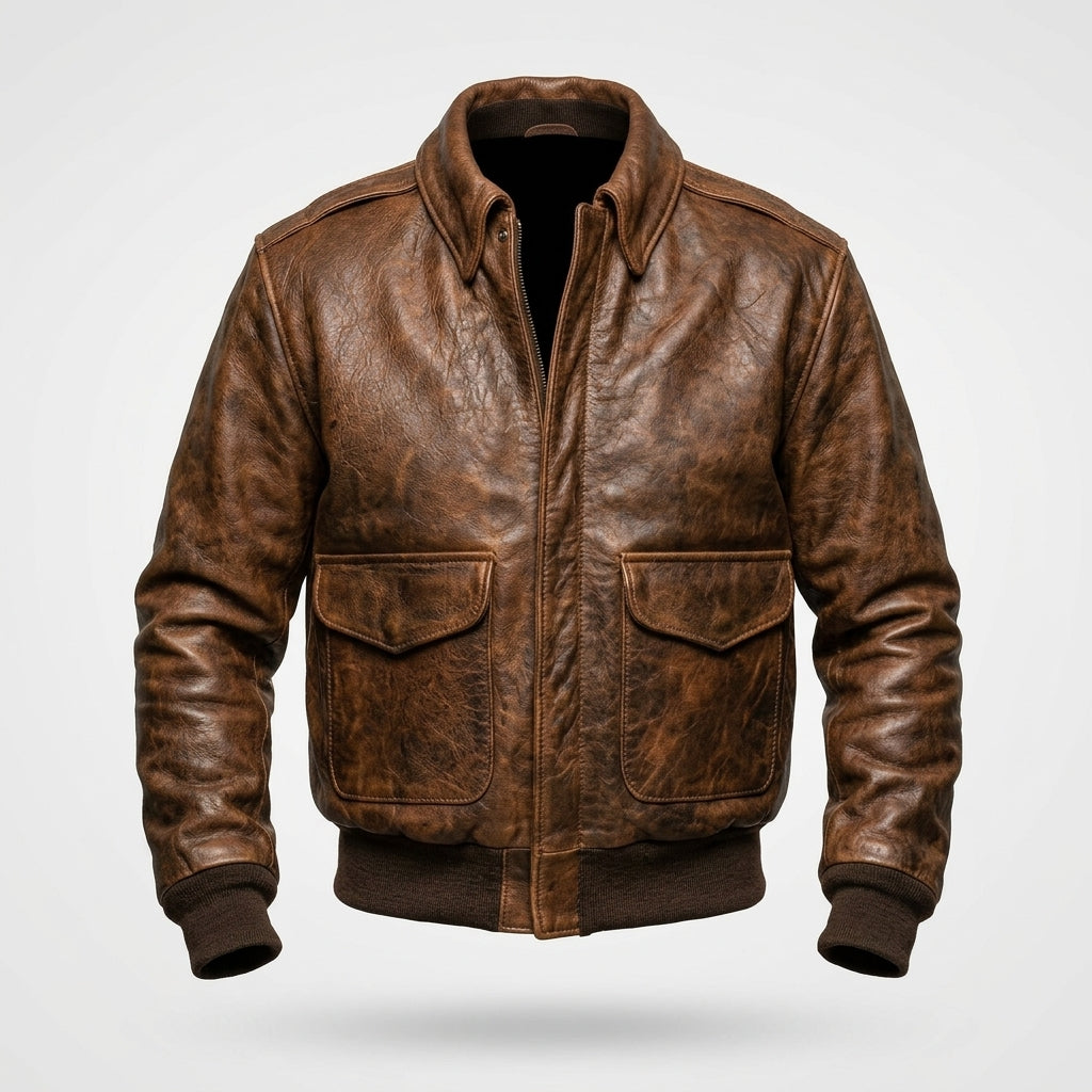 Men’s 100 Mission A-2 Pilot Leather Jacket – Classic Aviation Bomber Coat
