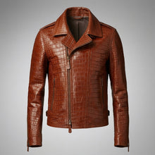 Laden Sie das Bild in den Galerie-Viewer, Men’s Brown Croc Embossed Leather Biker Jacket – Premium Moto Jacket
