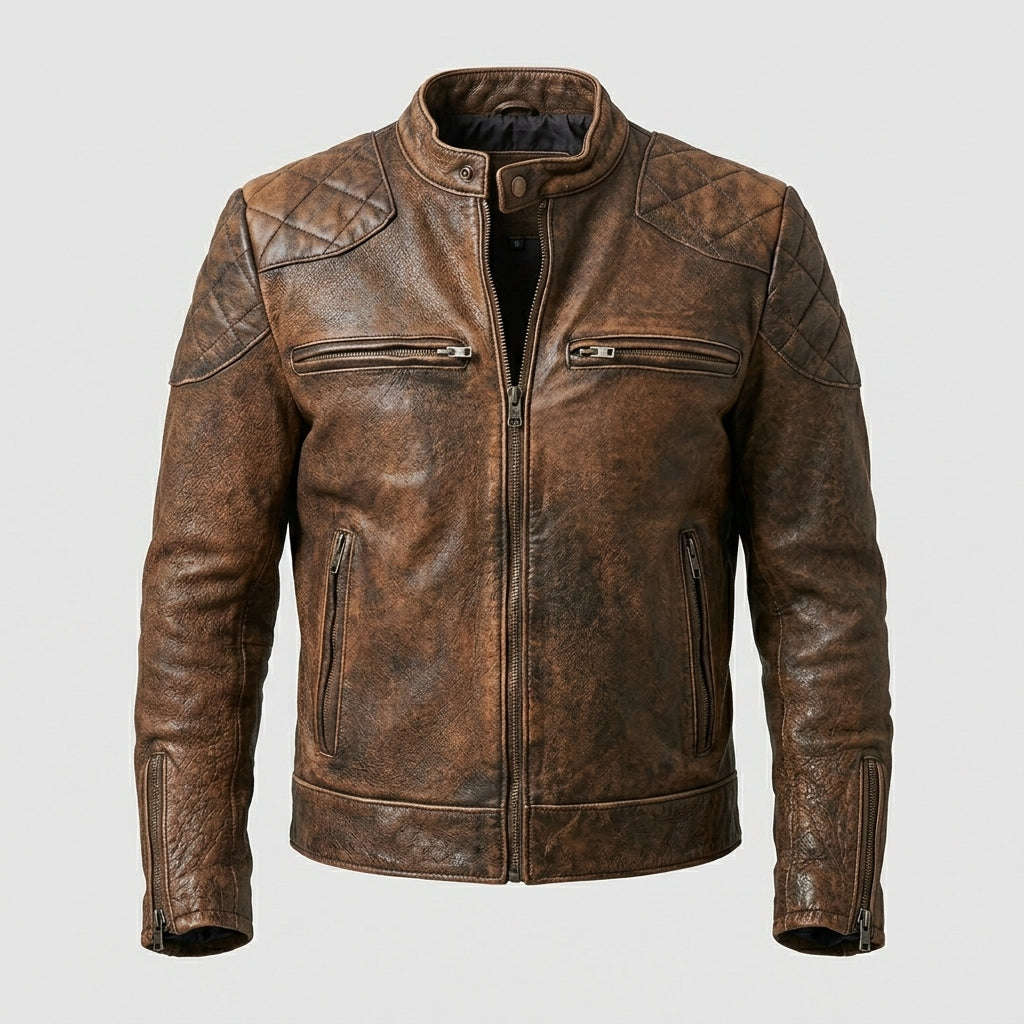 Men’s Brown Distressed Cafe Racer Leather Jacket – Vintage Biker Coat